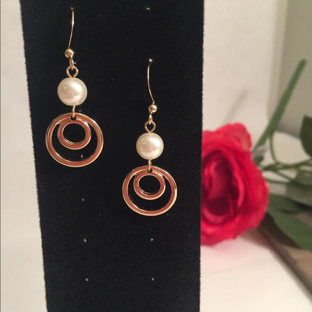 Gold-tone Circles and Pearl Drop Earrings Boho Style